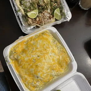 4 chicken tacos and a carne asada wet burrito