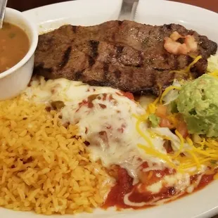 Carne Asada,with beans,rice,enchilada and salad.$15.00