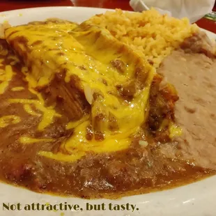 Enchilada, rice, beans, fat, cholesterol, salt, and fat with a side of cholesterol.