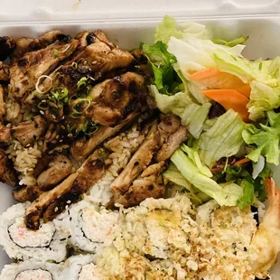 Teriyaki Combo B--chicken teriyaki w/ side salad, California Roll &amp; Crunch Roll--solid!