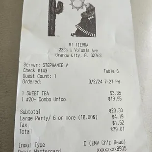 6 or more tip automatically of 18% added to bill