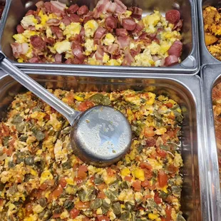 breakfast scramble, egg with hot dog and bacon, egg with peppers and tomato