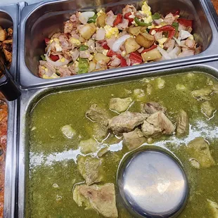 potato scramble, potatoes, peppers, onions. Chile verde