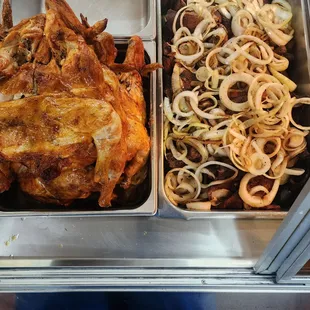 pollo asado, agujas, cebolla asada. roast chicken, beef short rib, grilled onions