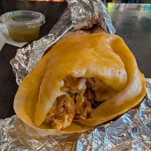 Breakfast burrito with chorizo. Really tasty. Comes with chips. Very large, next time I&apos;ll ask if I can get a baby breakfast burrito.