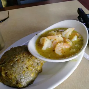 Mofongo with shrimp in garlic sauce (al ajillo)