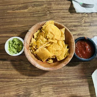 a bowl of chips and guacamole