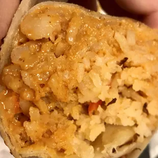 Spicy shrimp burrito (versus ranchero style)