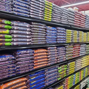 rows of colorful bags of rice