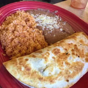 Shrimp Quesadilla, beans and rice.  Lunch special