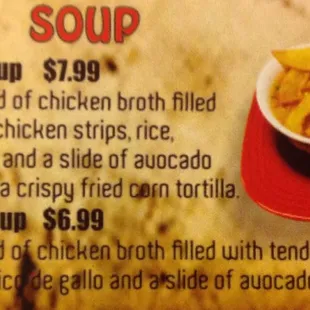 a menu for a soup