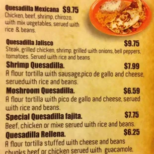 a menu for quesadillas