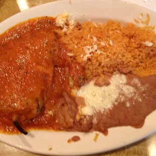 #20 Dinner, Relleno, taco, rice and beans $7.75