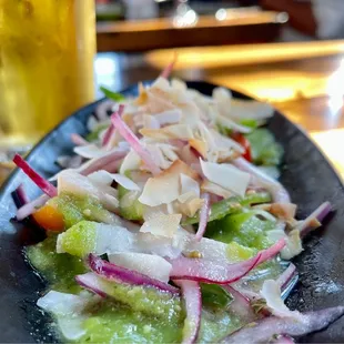 Hamachi ceviche ($17). Tomato, Onion, pepper, Coconut
