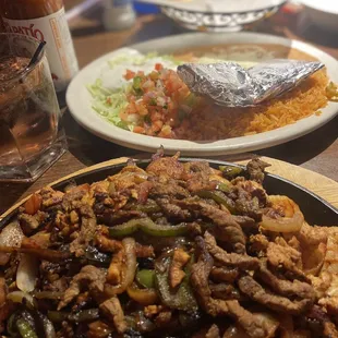 Fajitas Jalisco, beans and rice.
