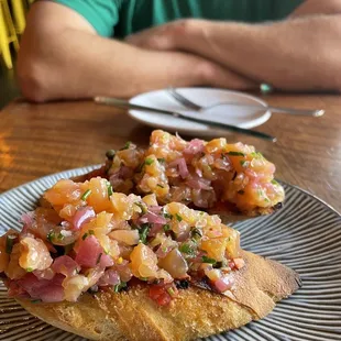 Smoked salmon bruschetta. Good with a pinch of lemon and dash of Tabasco