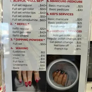 Pricing for manicures and waxing.