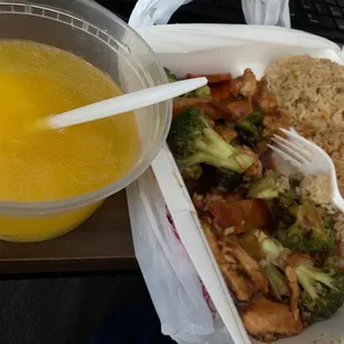 Egg drop soup and broccoli chicken partially eaten