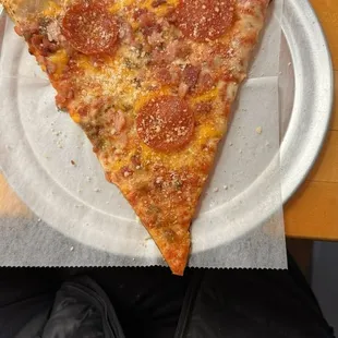 a slice of pizza on a paper plate