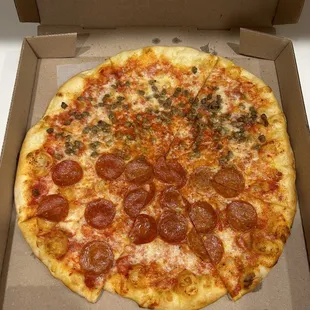 Large Pizza, half pepperoni half sausage