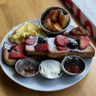 French toast with a side of bacon. Ordered eggs soft scrambled and they came out hard scrambled.