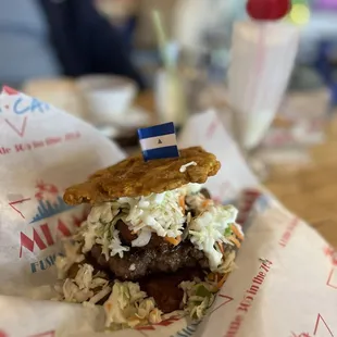 This was called Nicaraguan burger made with green fried plantains to substitute the buns which also was delish.