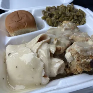 Hot plate to go: REAL tender roast turkey, stuffing, green beans, gravy and roll. Sooo good!