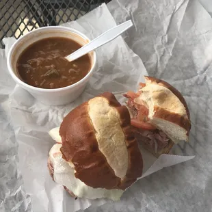 Roastbeef on pretzel roll. The tomato was garden fresh. And chicken sausage gumbo.