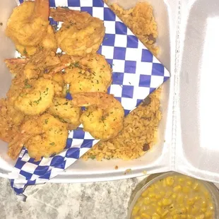 Fried Shrimp and rice and Peas