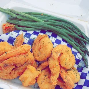 Seafood rice asparagus and fried shrimp