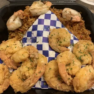 Seafood rice with fried shrimp