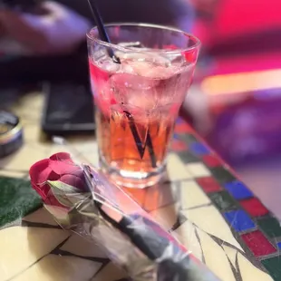 Roses for the ladies and drinks