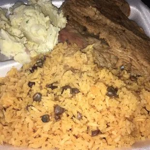 Arroz con Gandulez (Rice) Baked pork Potato salad