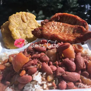 Rice red beans, pork chops and plantains