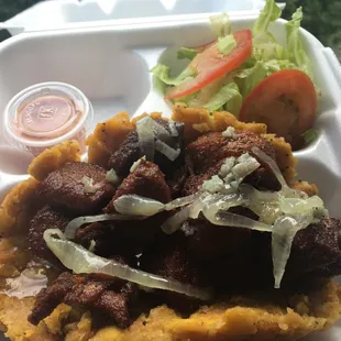 Large Mofongo with Carne Frita and Salad