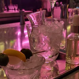 a tray of ices and cocktail glasses