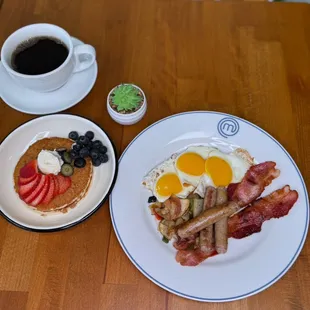 Mia&apos;s Platter with pancakes &amp; fresh brewed coffee