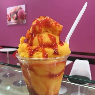 Mangoneada in various flavors: Mango, Watermelon, Cucumber, Tamarind, Guava, Guanabana and Strawberry.