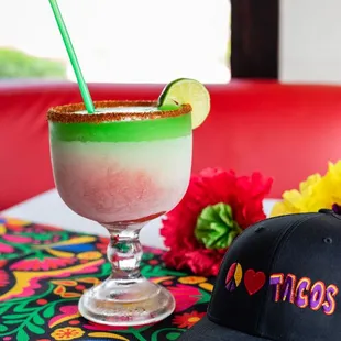 a margarita and a hat