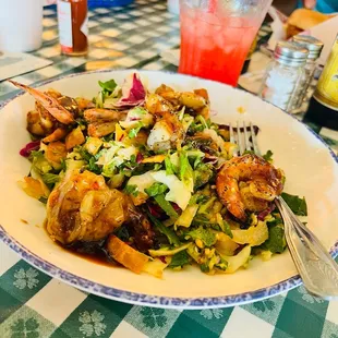 Chopped Asian salad with glazed shrimp