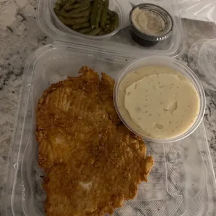 Chicken fried chicken? Mash, jalapeño gravy and green beans