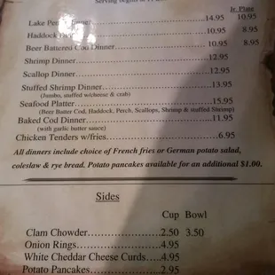 Under the glare is a Lake Perch Dinner and a Haddock Dinner