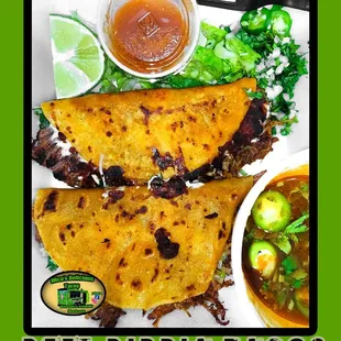 Our Colorado famous Birria Tacos 2-10.00 Cosome Lime Salsa