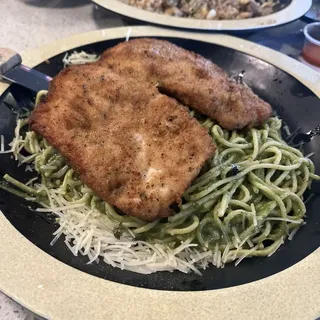Spaghetti Pesto with breaded chicken
