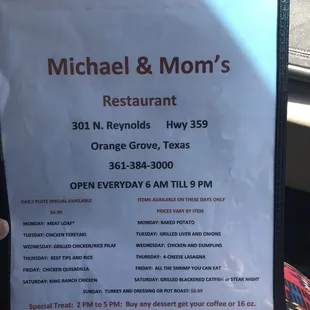 Current menu as of 6/1/18