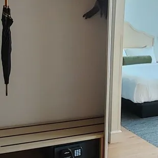 a view of a bedroom with a bed and closet