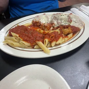 Shrimp parmigiana with penne