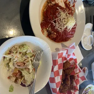 Salads, shrimp and lasagna.