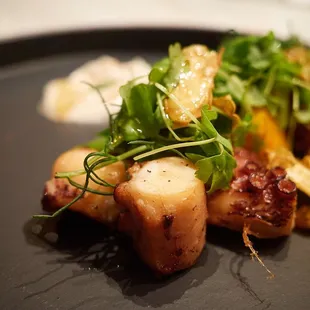 Grilled octopus (Saffron potato, cardamom zhug, pea tendrils)