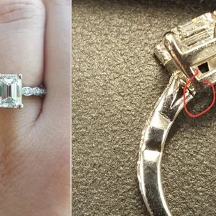 After having my ring resized, my ring was returned to me with a large crack where my diamond setting should be attached to the band.